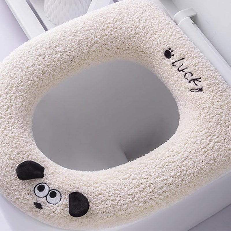 غطاء مقعد مرحاض شتوي رمادي فاتح من القماش المخملي مع مقبض للراحة - Image 4